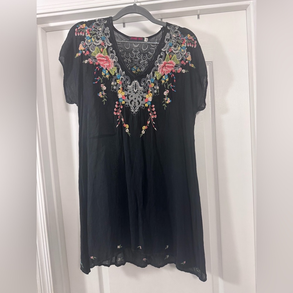 Johnny Was Black Tunic with Multicolor Floral Embroidery